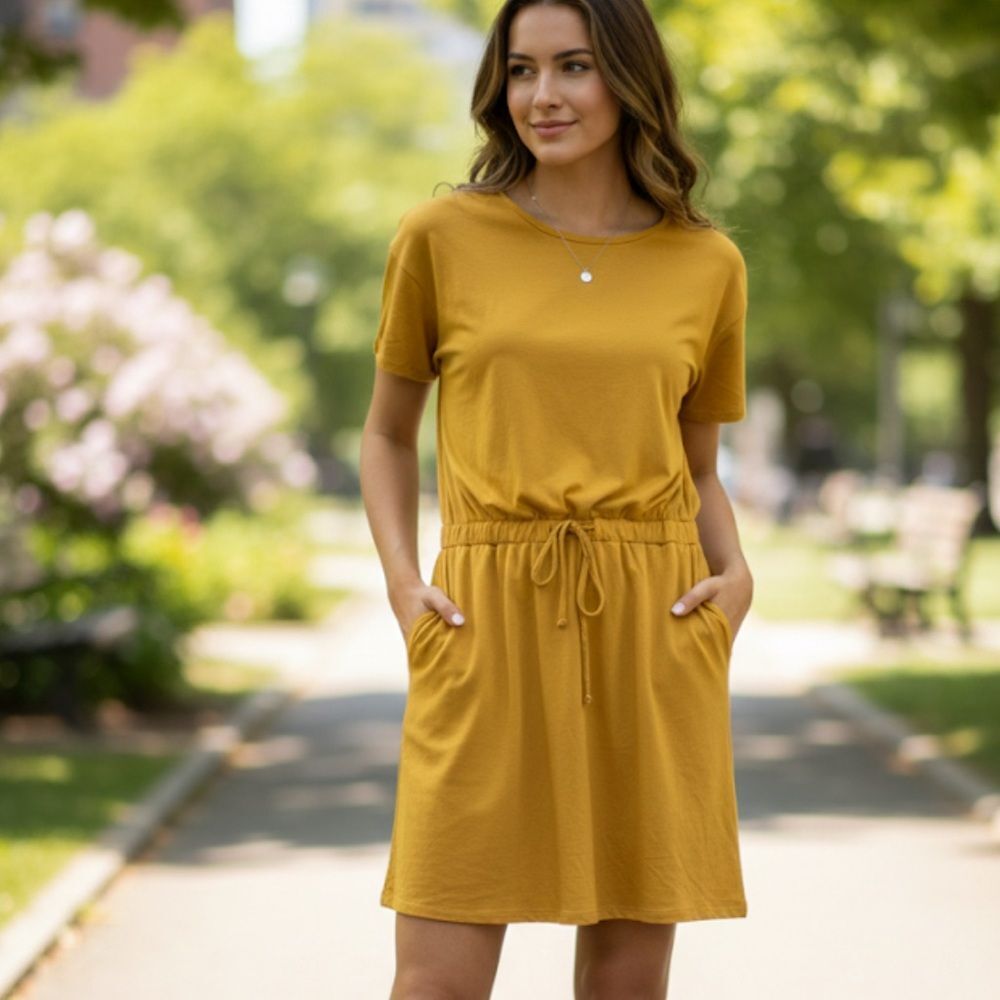 Flamingo Jersey Knit Dress Mustard Yellow Sz M Boho Everyday Casual Athleisure